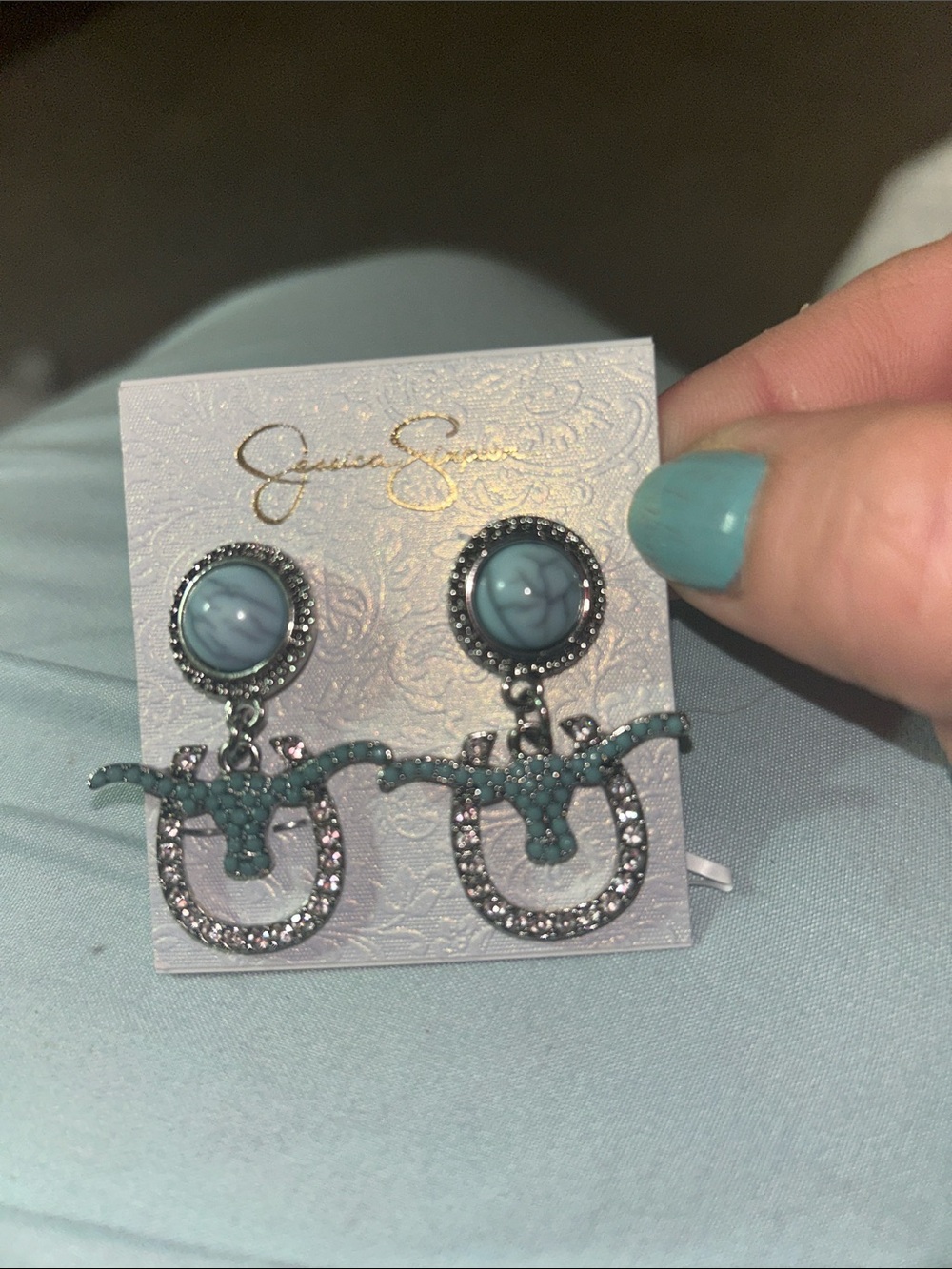 Jessica Simpson Teal Marbled Studs with Teal and Silver Horseshoe Drops